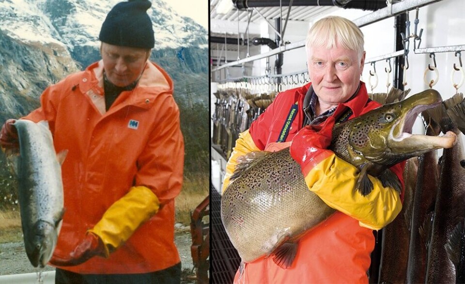 Ola Linseth i AquaGen selekterer avlslaks i henholdsvis 1979 (til venstre) og 2008 (til høyre). I dette tidsrommet på 29 år har det gått 7 generasjoner med avl på laksen og vektøkningen kan ses med det blotte øyet. Foto: AquGen.