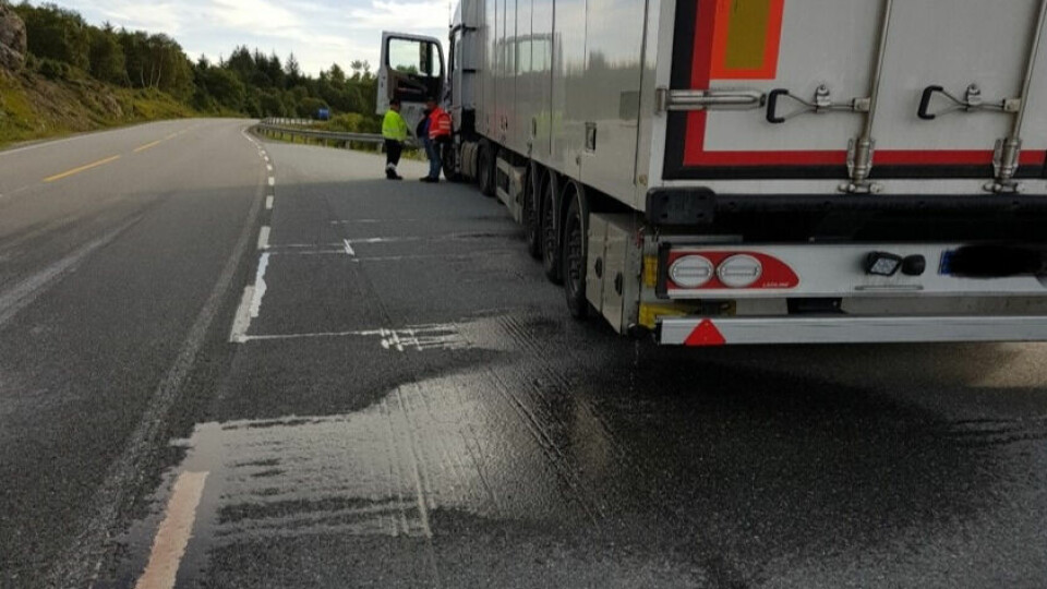 Bilde fra en kontroll hos Statens vegvesen der mye blodvann har rent ut i veibanen. Foto: Statens vegvesen.