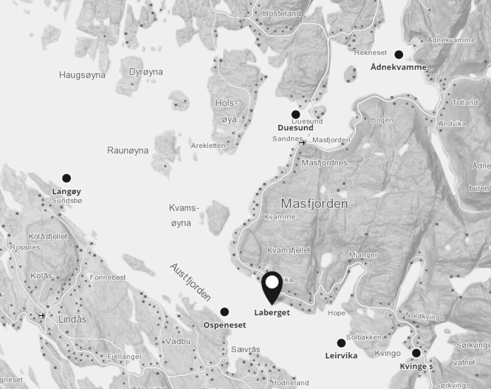 Lokaliteten Laberget ligg i Austfjorden, i Masfjorden kommune. Illustrasjon: Baretnswatch.