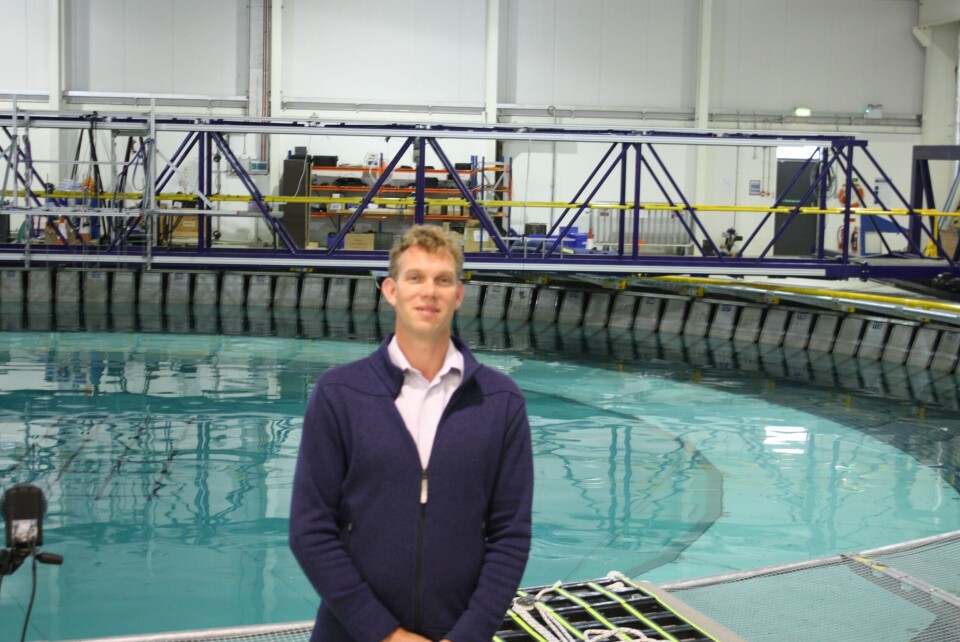 Dr Grimwade på Edinburgh’s verdensledende hav-simulator anlegg FloWave. Foto; Rob Fletcher.