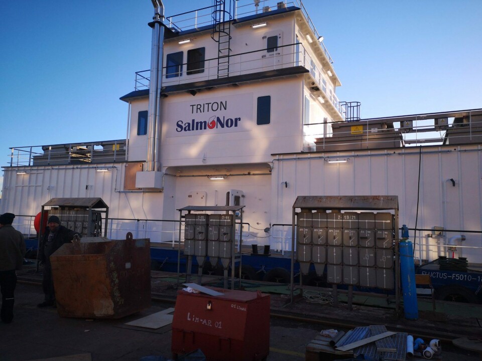 Triton er SalmoNor sin første Fluctus fôringsflåte, og har fire lugarer om bord. Foto: SalmoNor.