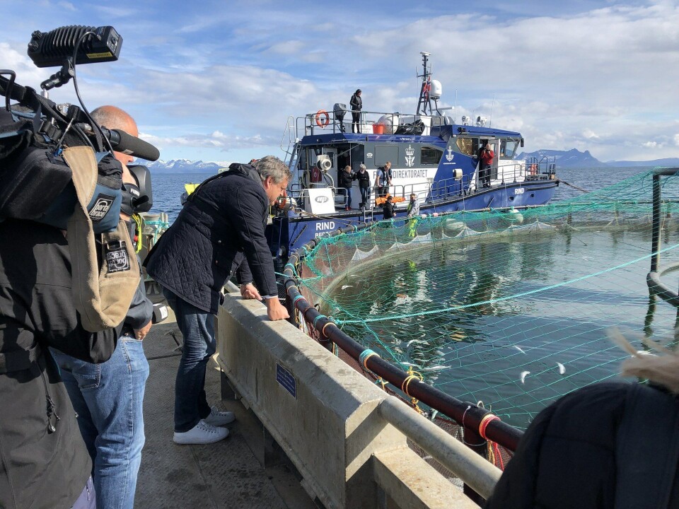 Algeoppblomstringa ramma oppdrettsnæringa i Nord-Norge. Bildet er tatt hos Mortenlaks under fiskeriminister Harald T. Nesvik sitt besøk i mai 2019. Foto: Nærings- og fiskeridepartementet