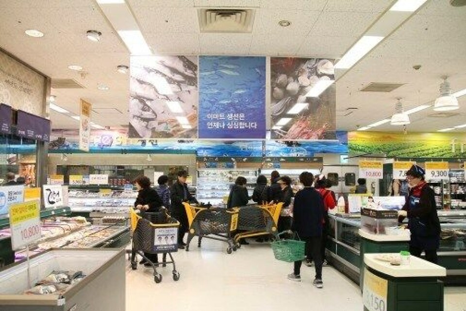 Fra supermarked i Sør Korea. Foto: Norges Sjømatråd.