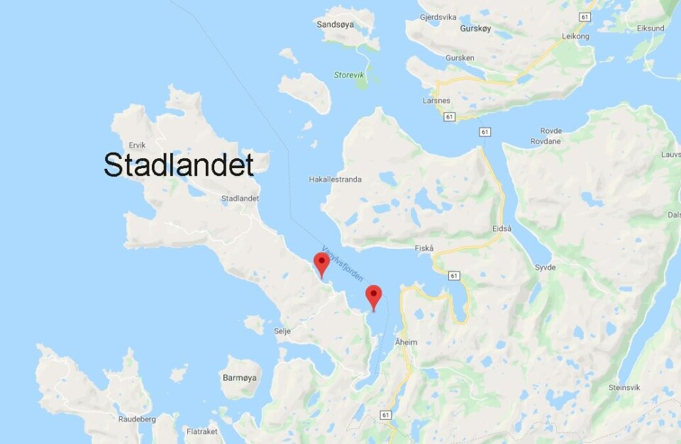 Statt Torsk har i dag fisk på lokaliteten Stokkeneneset (markør til høyre) i Vannylvsfjorden på nordsiden av Stadlandet. Selskapet jobber også med å få på plass en ny lokalitet – Rekvika (markør til venstre). Klikk for større bilde.