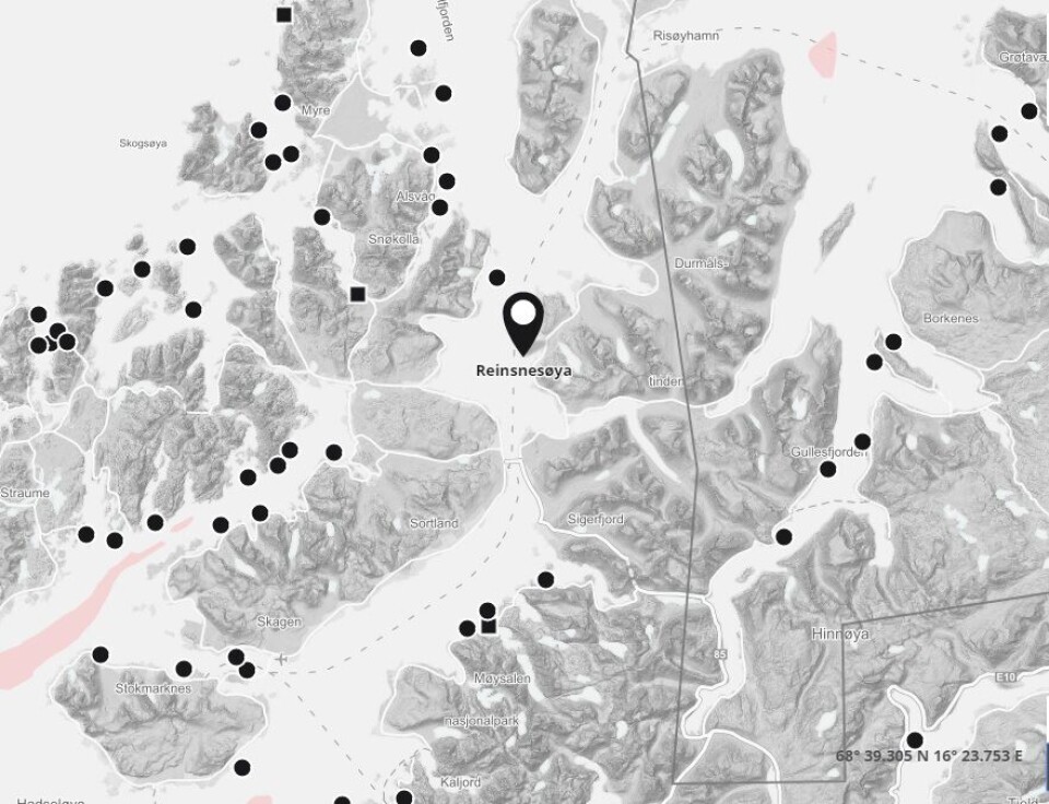 Illustrasjonskart over lokaliteten Reinsnesøya. Kilde: Barentswatch. Illustrasjonskart over lokaliteten Reinsnesøya. Kilde: Barentswatch.
