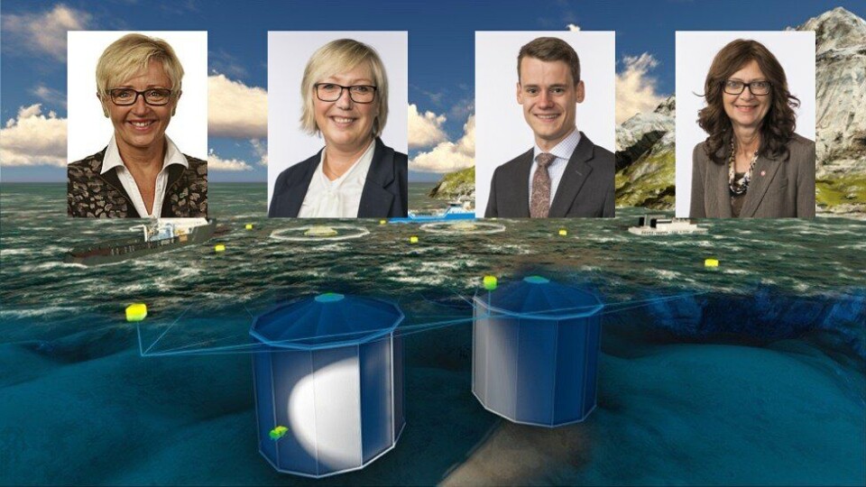 Liv-Signe Navarsete (SP), Frida Melvær (H), Tore Storehaug (KrF) og Ingrid Heggø (AP) har sendt brev til fiskeriministeren der de ber om at han tildeler Nekst langt flere enn to tillatelser til prosjektet Havliljen. Illustrasjon av merder: Nekst. Bilde av stortingspolitikere: Stortinget.