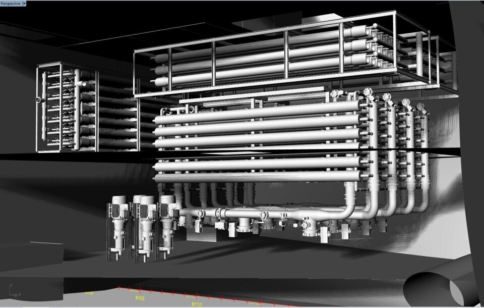 3D view av 6000 qm/dag anlegget innplassert i Artic Group sine nye båter. Foto: Enwa Water Technology AS.