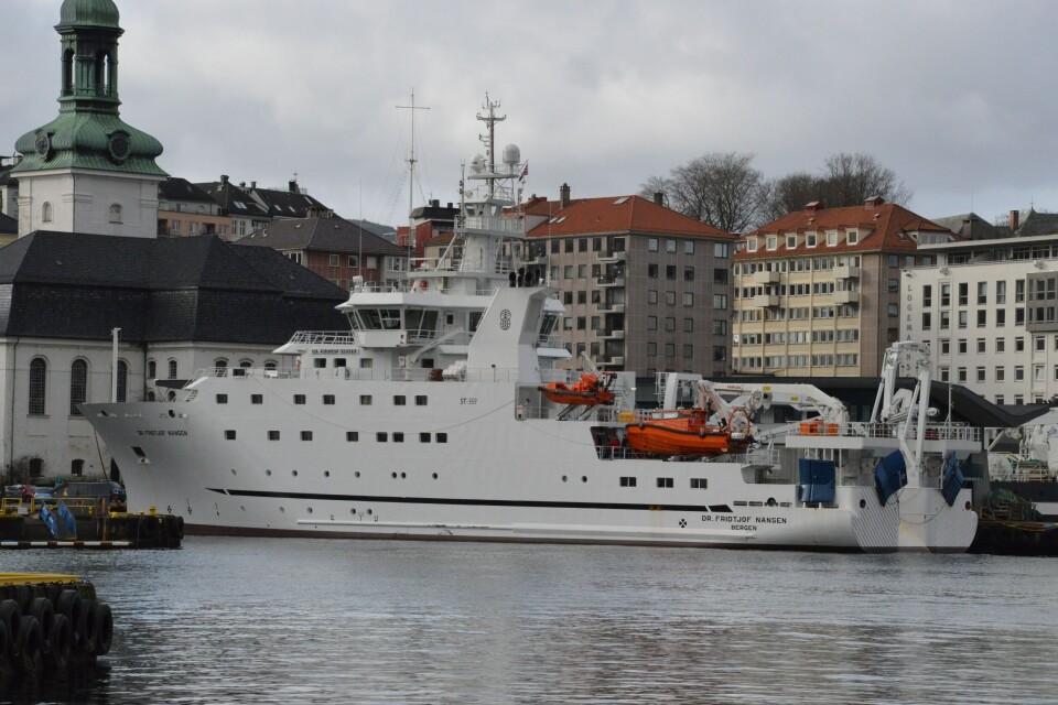 'Dr. Fridjof Nansen' er Havnforskinginstituttets nye forskningsskip, her til kai i Bergen. Foto: Magnus Petersen.