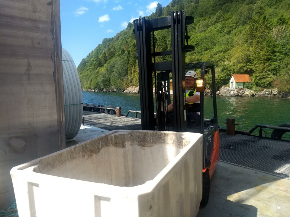 Matias er fornøyd med å ha en variert arbeidsdag, hvor han gjør mange ulike oppgaver. En av dem er blant annet truckkjøring. Foto: Lerøy Sjøtroll.