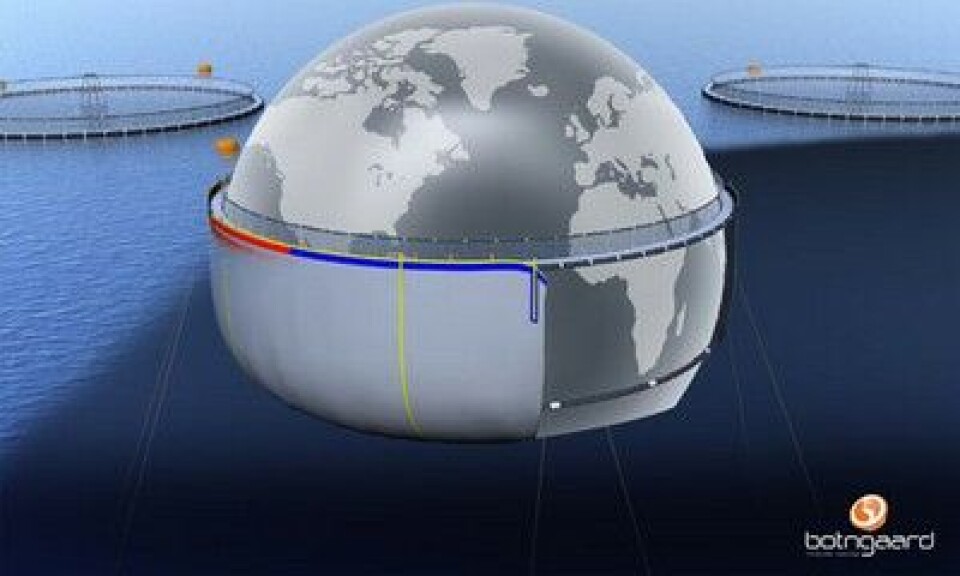Helpresenning til verdens største oppdrettsmerd - 200 meter i diameter, 5400 kvm, og 40 000 kbm. Kilde: Botngaard.