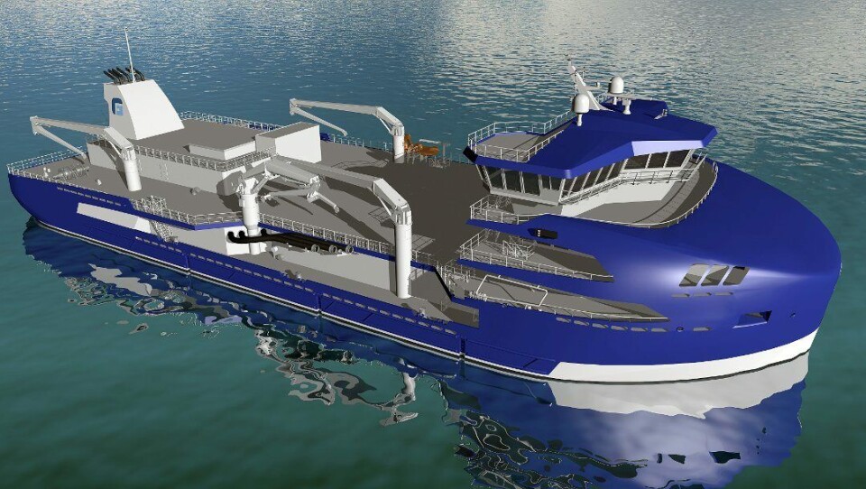 Møre Maritime AS i Kristiansund har inngått sin største designkontrakt noensinne med det tyrkiske skipsverftet Sefine Shipyard. Fartøyet som er av typen «MachoShip 7500» er kontrahert av Frøy Rederi AS. Illustrasjon: Møre Maritime AS/Frøy Rederi AS.
