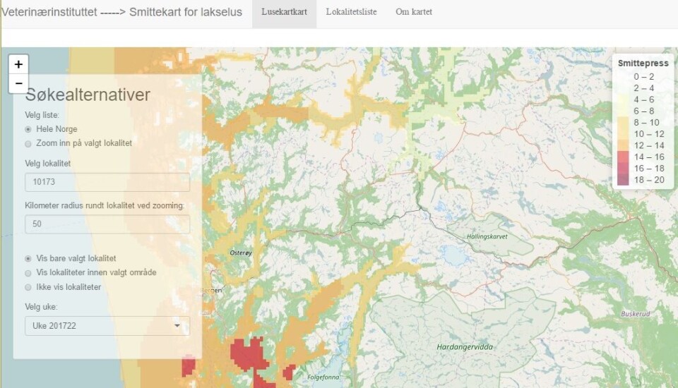 App som viser smittepresset langs norskekysten lanseres i dag av Veterinærinstituttet. Kilde: Skjermdump.