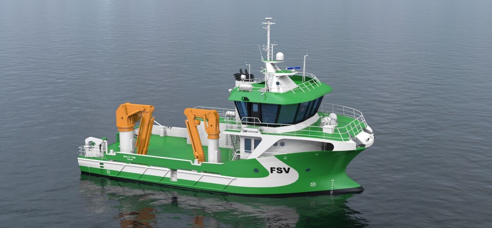 Servicefartøyet bygges ved Sletta Verft. Lengde: 27 m, bredde: 12,0 m. Designet av Solstrand Trading. Servicefartøyet bygges ved Sletta Verft. Lengde: 27 m, bredde: 12,0 m. Designet av Solstrand Trading.