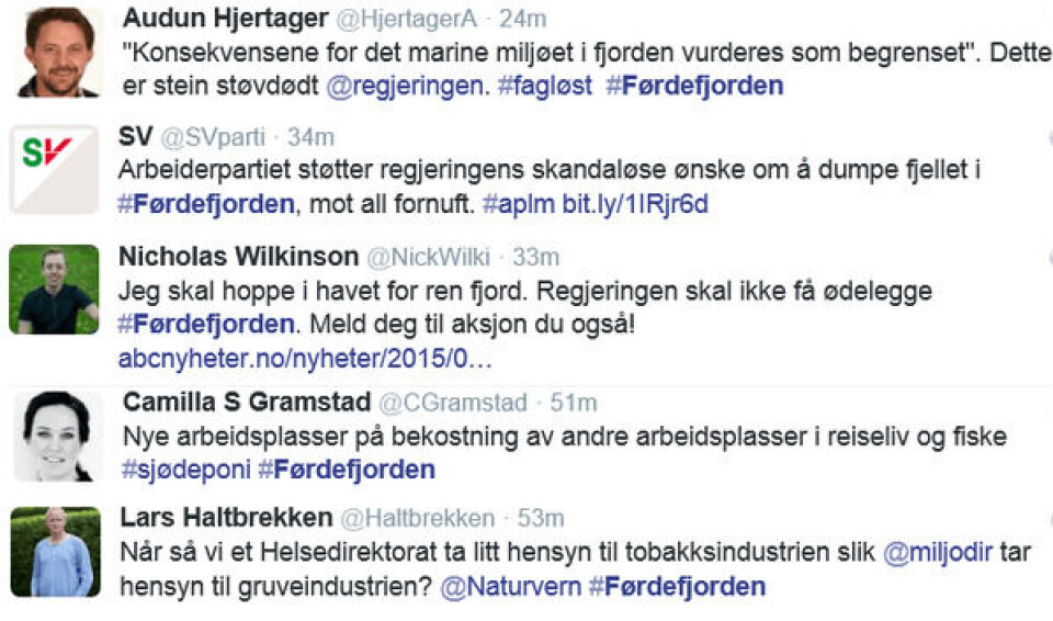 Noen av reaksjonene på Twitter etter regjeringens 'ja' til sjødeponi i Førdefjorden. Foto: Skjermdump