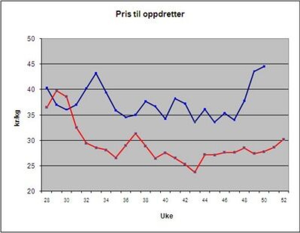 Oppdretterprisen steg til årsbeste i forrige uke. Datakilde: Nos/FHL.