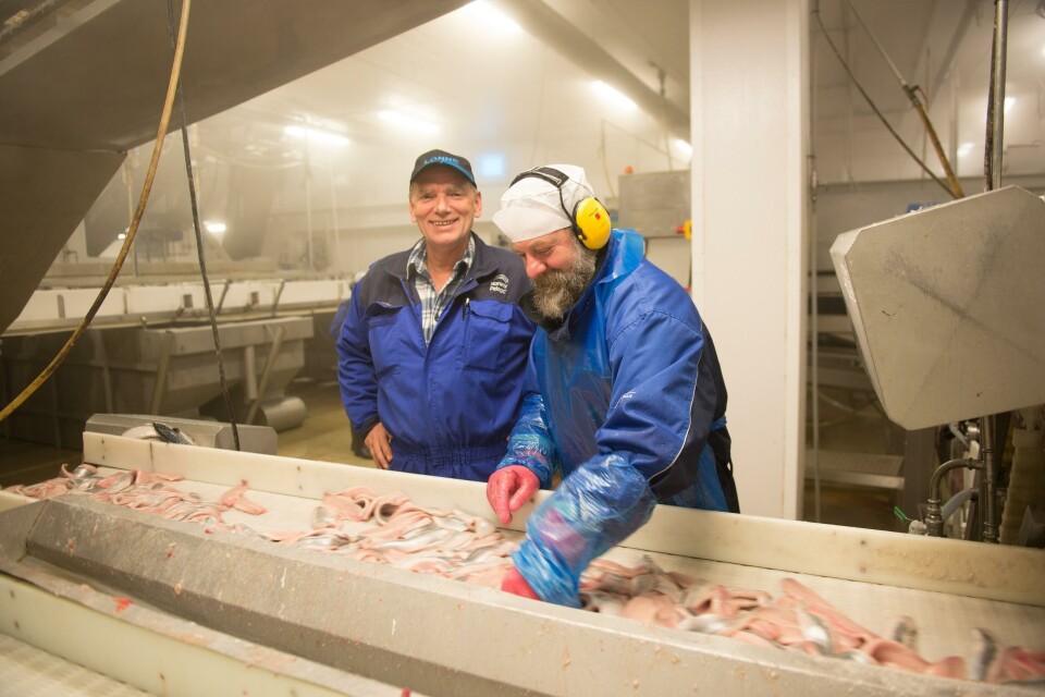 Teknisk sjef Arvid Nilssen (t.v.) og produksjonsarbeider Yuri Kornev kan glede seg over at de ikke har påvist listeria på Norway Pelagic sine transportbånd etter at de begynte å bruke ozon til desinfeksjon.