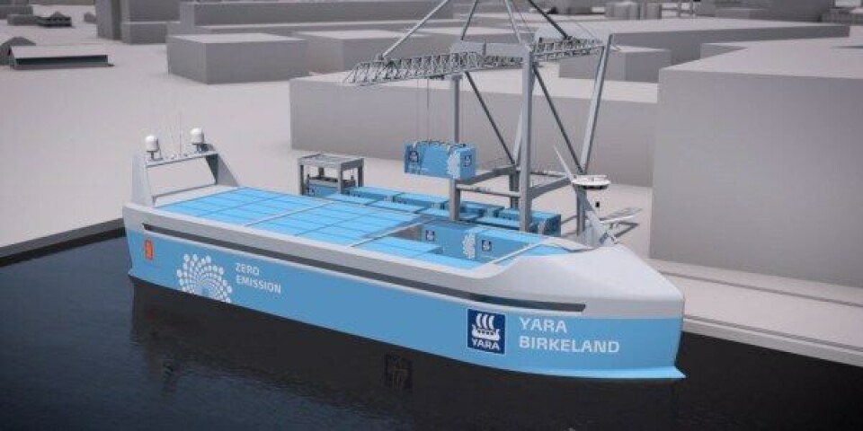 Yara Birkeland er verdens første førerløse og hel-elektriske containerskip. Illustrasjon: Yara