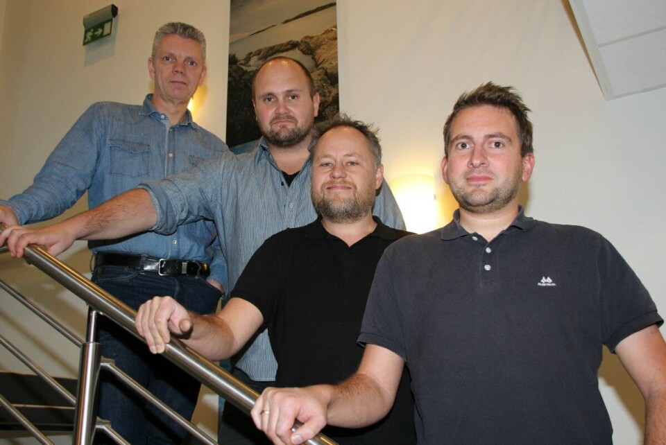 Christian Erichsen (styreleder, til venstre), Svein Vegard Volden, Sverre Marvik (daglig leder) og Terje Sæternes i Anteo AS utvikler nye tjenester for havbruksnæringa. Foto: Eystein Fiskum. Hansvik/Anteo AS.