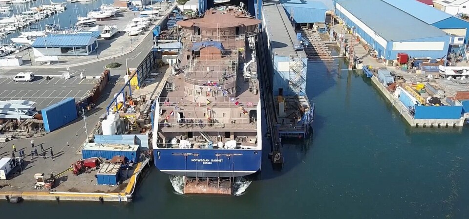 Det hybride slaktefartøyet «Norwegian Gannet» ble sjøsatt sist uke på Balenciaga verftet i Spania. Slakteskipet har Wärtsilä design, og settes i drift for HavLine gruppen til høsten. Foto: Balenciaga og Hav Line Gruppen.