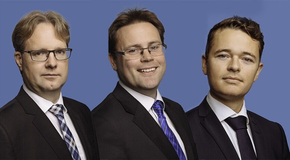Partner og advokat Mons Alfred Paulsen, senioradvokat (H) Kenneth Steffensen og advokatfullmektig Henrik Lovund, alle advokatfirmaet Thommessen. Foto: Thommessen. Partner og advokat Mons Alfred Paulsen, senioradvokat (H) Kenneth Steffensen og advokatfullmektig Henrik Lovund, alle advokatfirmaet Thommessen. Foto: Thommessen.